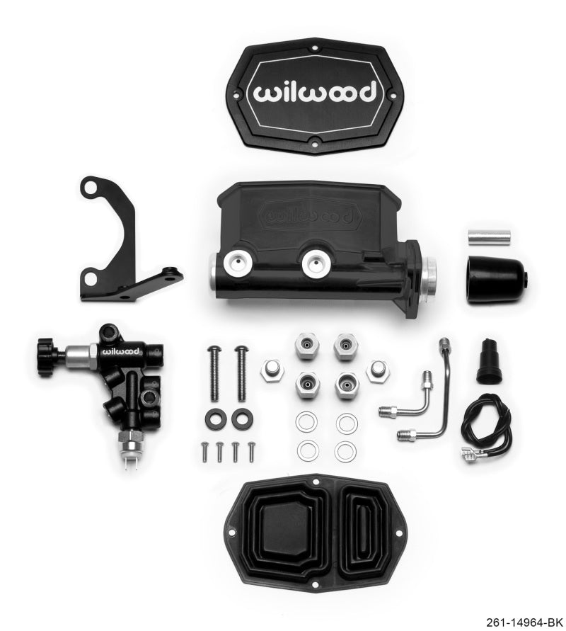 Wilwood Compact Tandem M/C - 1.12in Bore - w/Bracket and Valve - Black - #261-14964-BK
