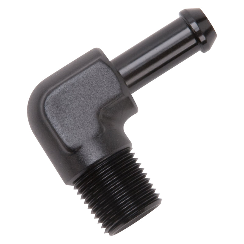 Edelbrock 8167 Hose End 90-Degree 3/8 in NPT to 3/8 in Barb Black Anodized