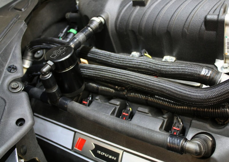 J&L 11-17 Ford Mustang GT (w/Roush/VMP S/C) Passenger Side Oil Separator 3.0 - Black Anodized - #3020P-B