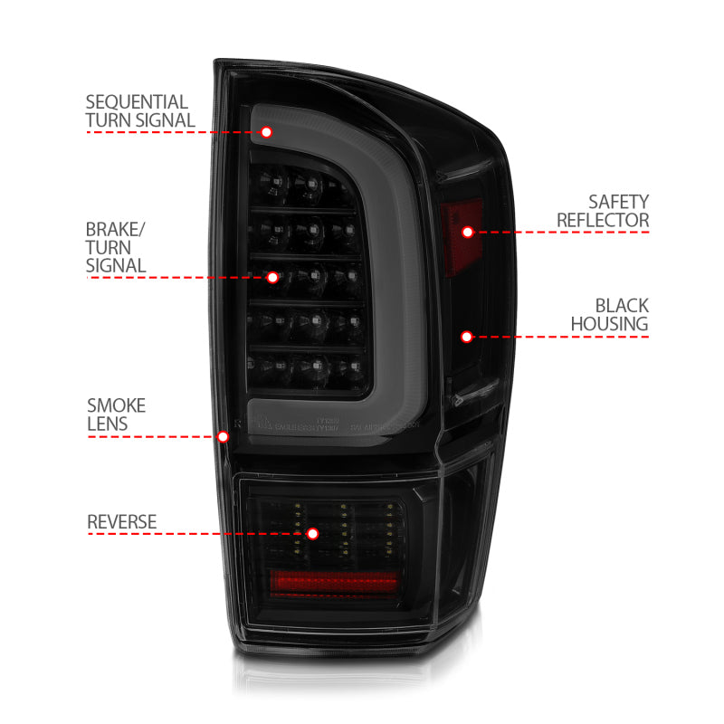ANZO 16-23 Toyota Tacoma LED Tail Lights - w/ Light Bar Sequential Black Housing & Smoke Lens