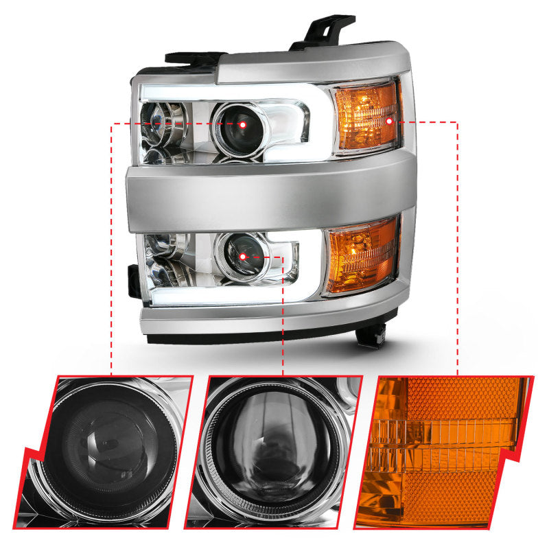 ANZO 2015-2019 Chevrolet Silverado 2500 HD LED Projector Headlights - Plank Style Chrome (Chrome Trim) (Halogen Models Only)