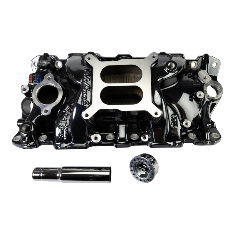 Edelbrock 2703-BP Chevrolet Small Block Performer EPS Manifold with Oil Fill Tube - Black Plasma