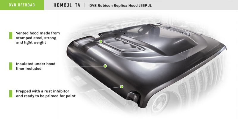 DV8 Offroad 18+ Jeep JL Rubicon Replica Hood - #HDMBJL-TA