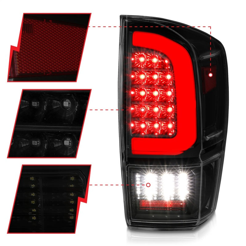 ANZO 16-23 Toyota Tacoma LED Tail Lights - w/ Light Bar Sequential Black Housing & Smoke Lens