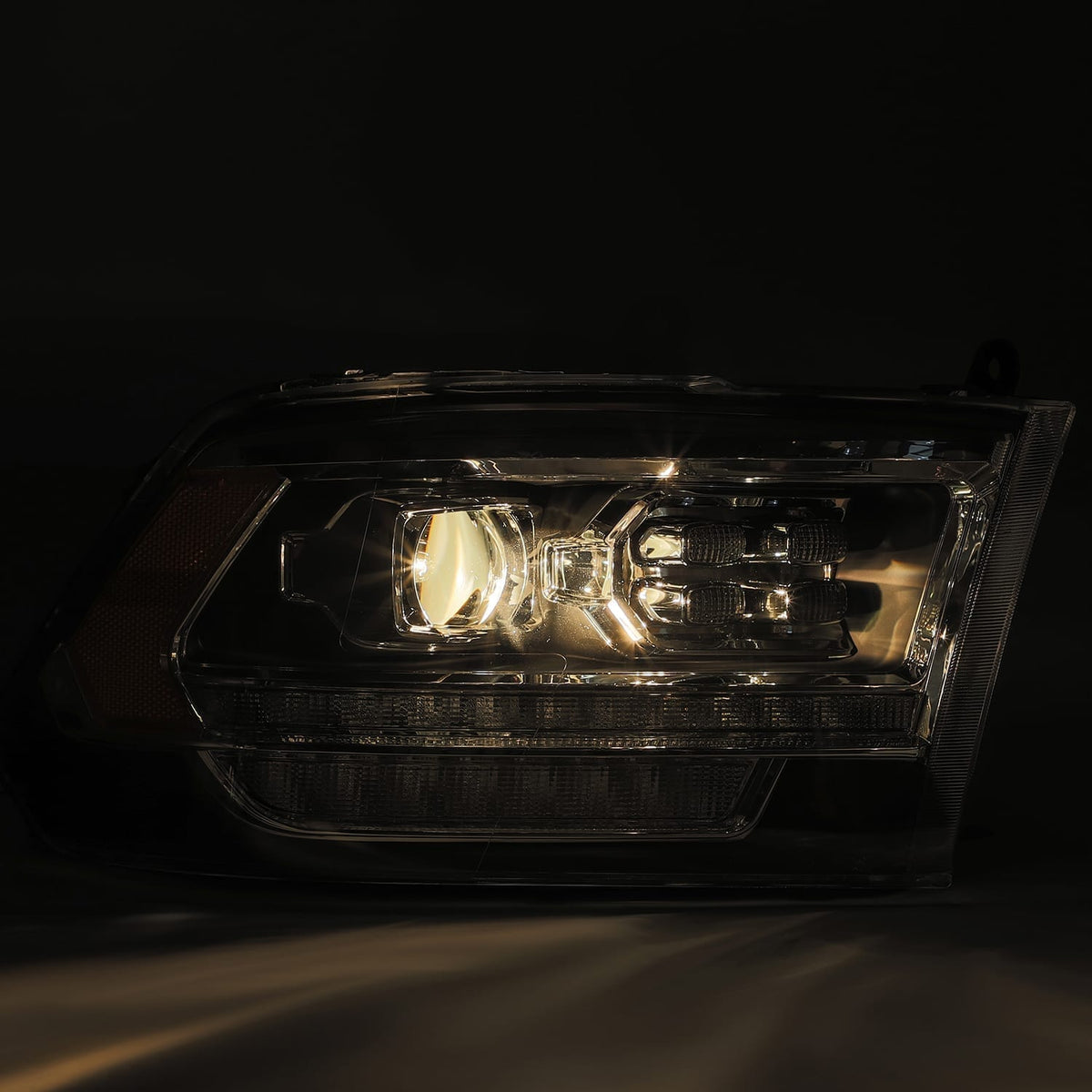 AlphaRex 880523 09-18 Dodge Ram 1500 HD PRO-Series Projector Headlight Plank Style Black with Chrome Acc with Sequential Signal/DRL