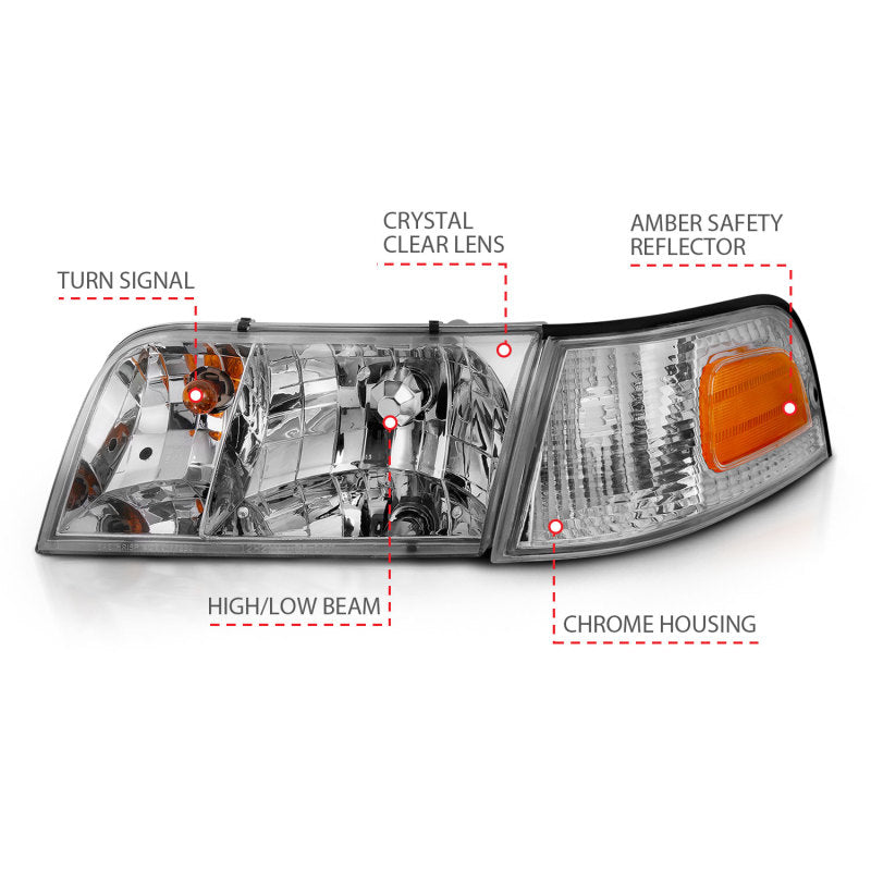 ANZO 1998-2011 Ford Crown Victoria Crystal Headlight Chrome With Bumper Light (OE)