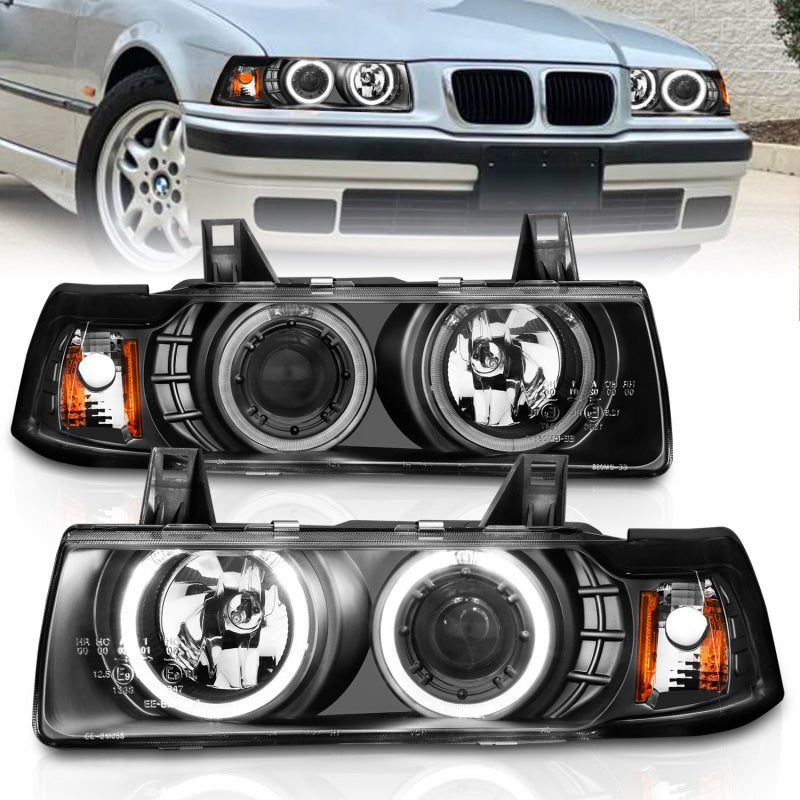 ANZO 1992-1998 BMW 3 Series E36 Projector Headlights w/ Halo Black G2 1 pc