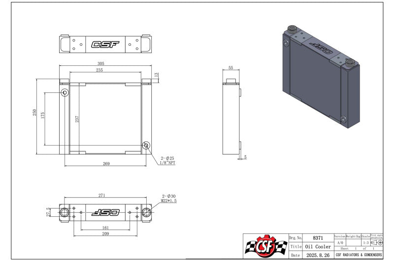 CSF 8371 Univ Large Single Pass Oil Cooler - M22 x 1.5