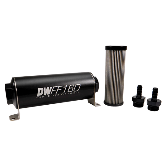 DeatschWerks Stainless Steel 3/8in 100 Micron Universal Inline Fuel Filter Housing Kit (160mm)