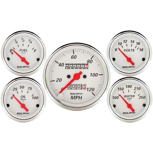 AutoMeter 1300 5-Piece Gauge Kit Mechanical Speedometer Electric Oil Pressure Water Temperature Volt Fuel Level