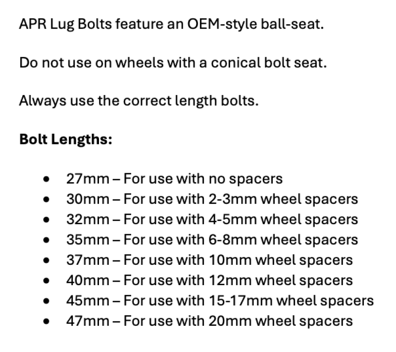 APR Lug Bolts - Use w/2-3mm Spacers - 30mm - Black (Set of 10)