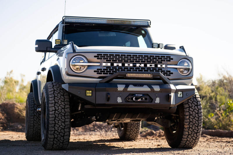 DV8 Offroad 2021+ Ford Bronco Front Bumper Winch Capable w/ Optional Bull Bar/Aux Light Opening - #FBBR-01