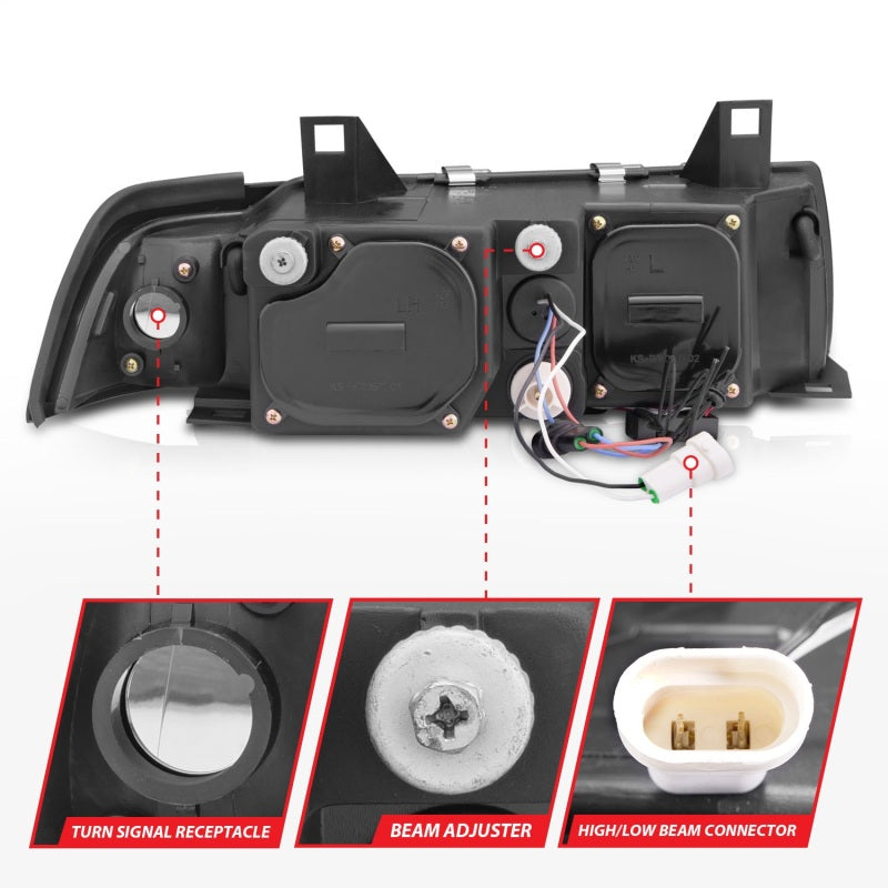ANZO 1992-1998 BMW 3 Series E36 Projector Headlights w/ Halo Black G2 1 pc