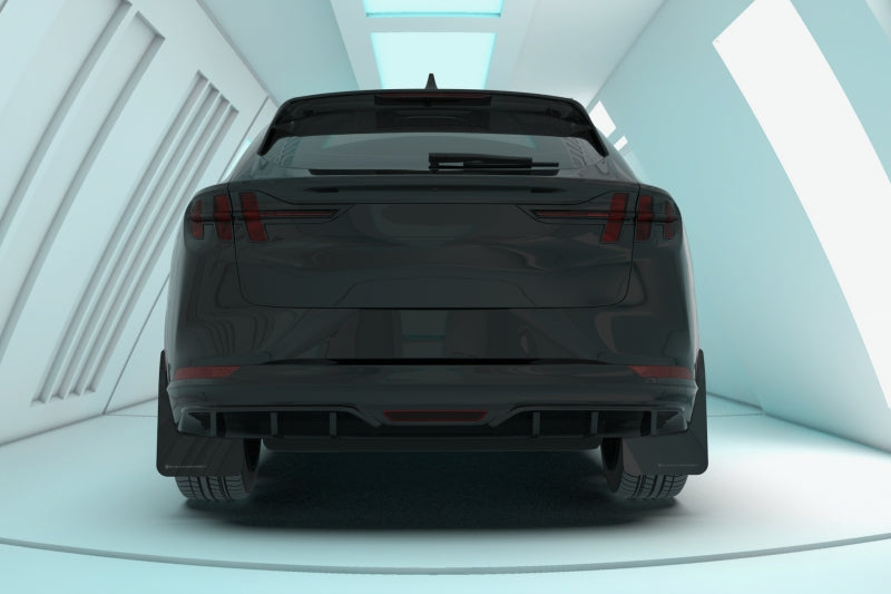 Rally Armor Mud Flaps - 2021-2025 Ford Mustang Mach-E - RAL UR Blk Flap/Met. Blk Logo - #MF96-UR-BLK-MBK