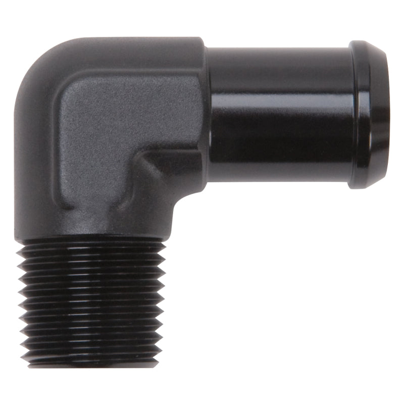 Edelbrock 8165 Hose End 90-Degree 1/2 in NPT to 3/4 in Barb Black Anodized