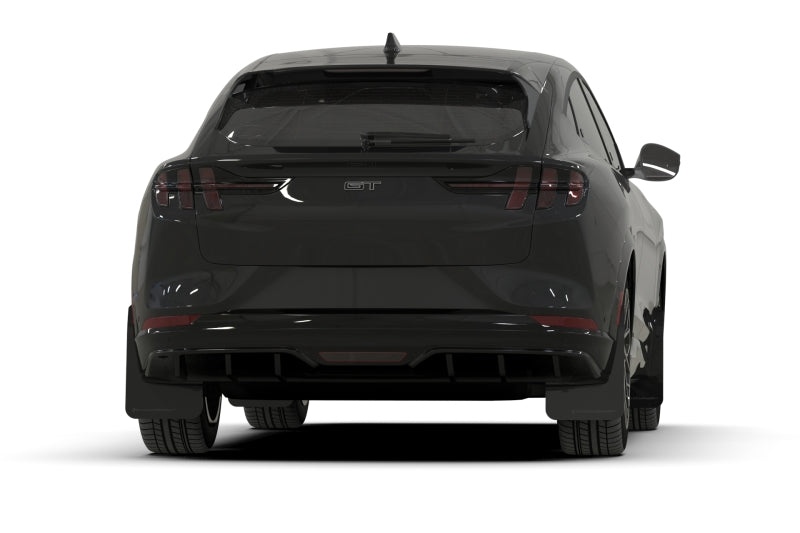 Rally Armor Mud Flaps - 2021-2025 Ford Mustang Mach-E - RAL UR Blk Flap/Met. Blk Logo - #MF96-UR-BLK-MBK