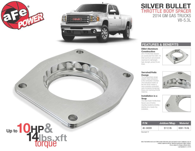 aFe Silver Bullet Throttle Body Spacers TBS 2014 GM Silverado/Sierra 1500 V8 5.3L - #46-34008