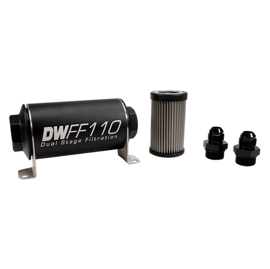 DeatschWerks Stainless Steel 8AN 40 Micron Universal Inline Fuel Filter Housing Kit (110mm)