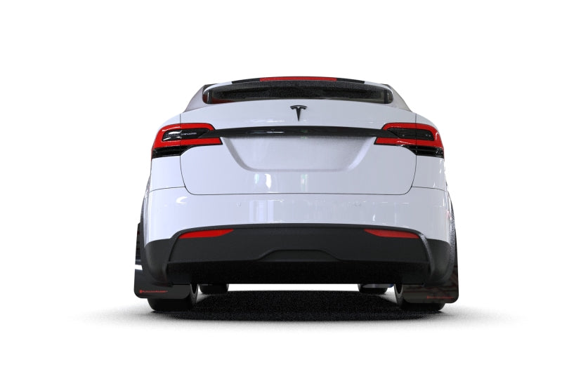 Rally Armor Mud Flaps - 2022-2025 Tesla X - RAL UR Blk Flap/Met. Blk Logo - #MF102-UR-BLK/MBK