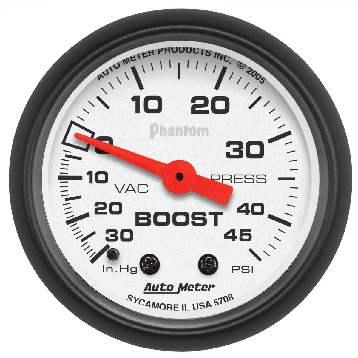 AutoMeter 5708 Phantom 52mm 30in Hg Vacuum / 45 PSI Mechanical Vacuum/Boost Gauge