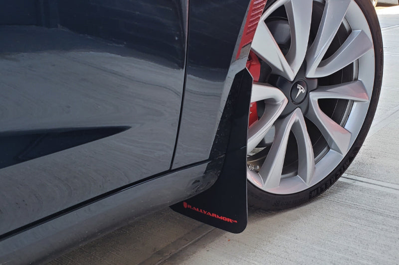 Rally Armor Mud Flaps - 2017-2023 Tesla 3 - RAL UR Blk Flap/Dark Grey Logo - #MF62-UR-BLK/DGRY
