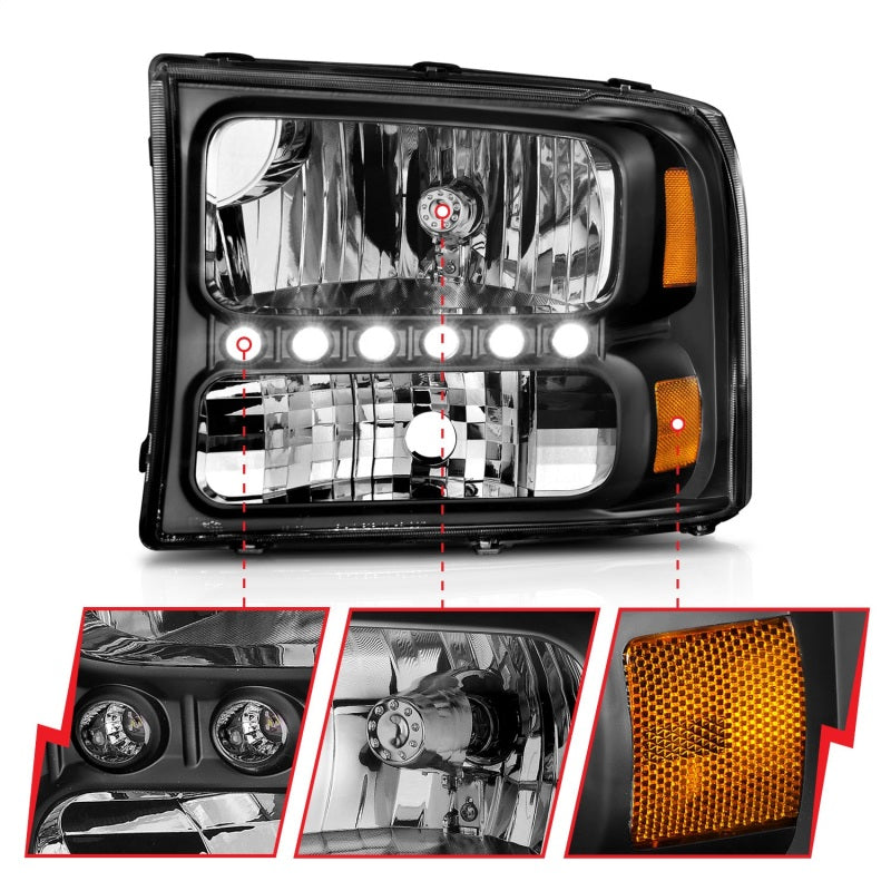ANZO 1999-2004 Ford F-250 Super Duty Crystal Headlights - Black 1PC w/ LED