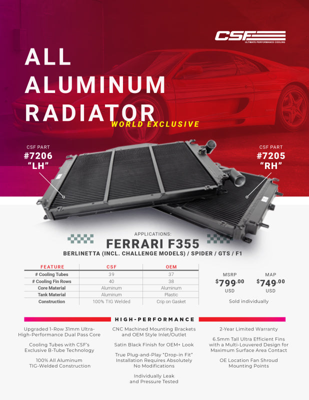 CSF 7205 High Performance All-Aluminum Radiator - Right for Ferrari F355