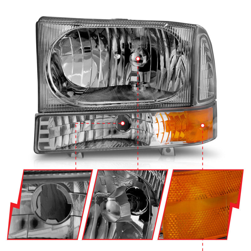 ANZO 1999-2004 Ford F-250 Super Duty Crystal Headlights - Chrome w/ Corner 2PC