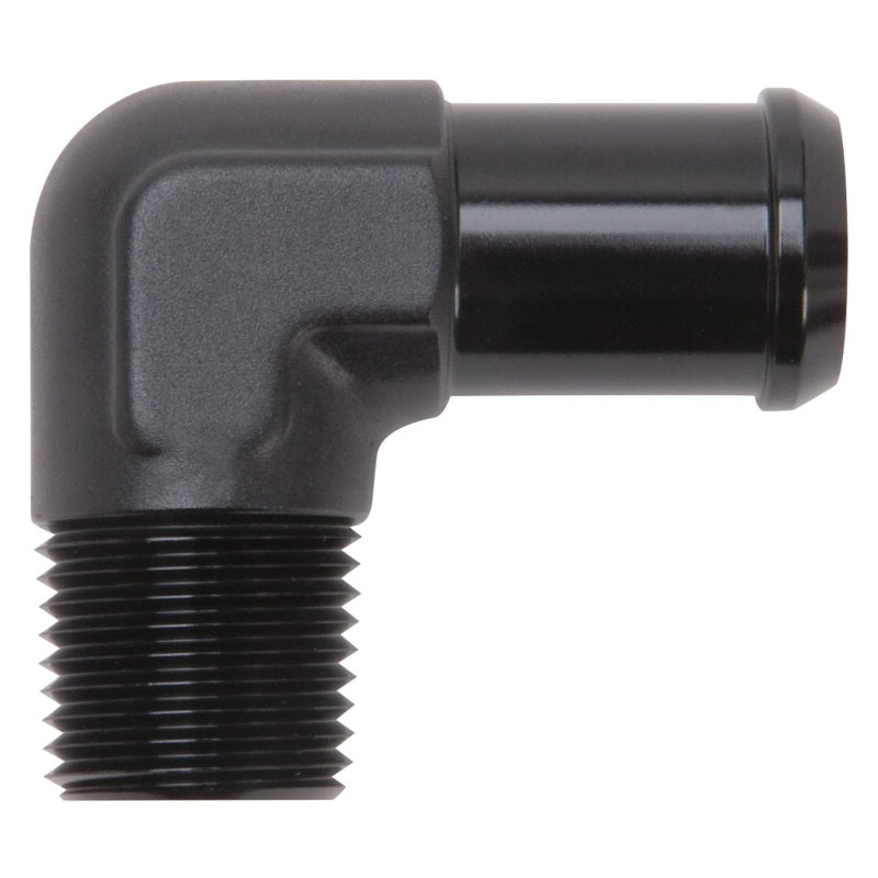 Edelbrock 8165 Hose End 90-Degree 1/2 in NPT to 3/4 in Barb Black Anodized