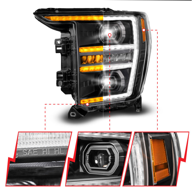 ANZO 2021-2023 Ford F-150 LED Projector Headlights - Black Housing / Clear Lens - Driver Side