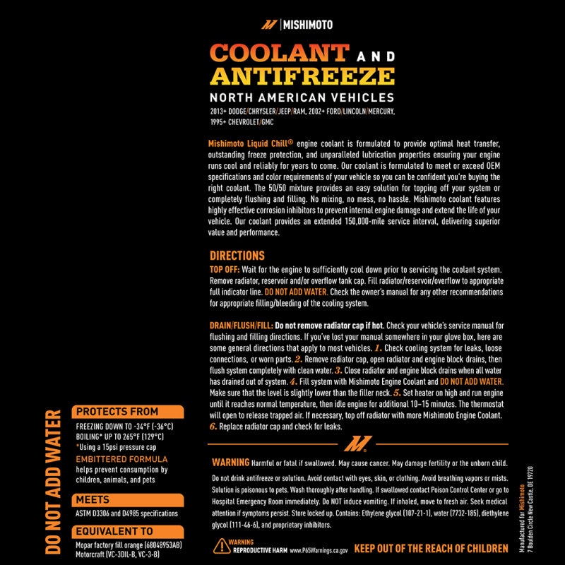 Mishimoto Liquid Chill EG Coolant, North American Vehicles, Orange - #MMRA-LC-EG-OR