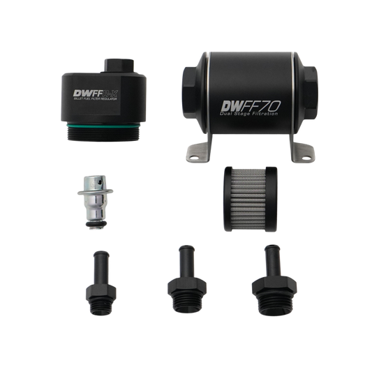 DeatschWerks DWFFR-X 70mm Billet Fuel Filter Regulator - 10 Micron with 3/8in Fittings