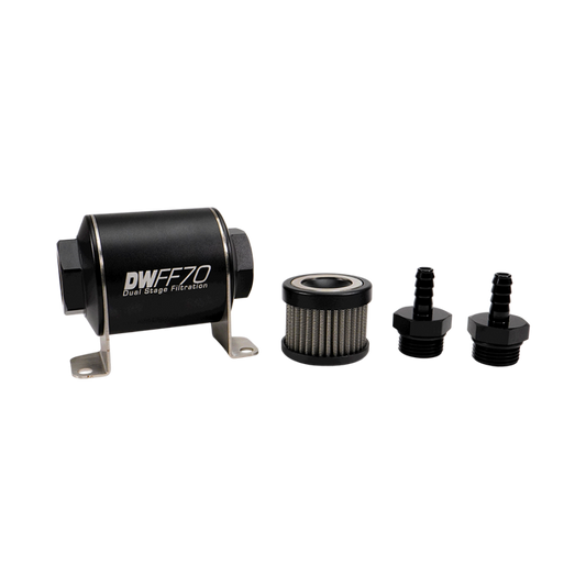 DeatschWerks Stainless Steel 5/16in 40 Micron Universal Inline Fuel Filter Housing Kit (70mm)
