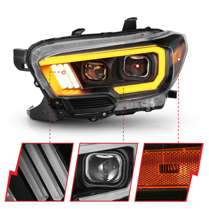 ANZO 2016-2023 Toyota Tacoma LED Projector Headlights - Switchback Black (For Halogen Version w/ DRL)