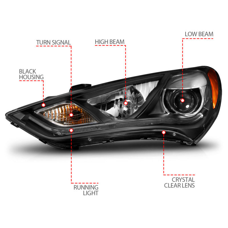 ANZO 2013-2016 Hyundai Genesis Projector Headlights w/ Plank Style Design Black (HID Compatible)