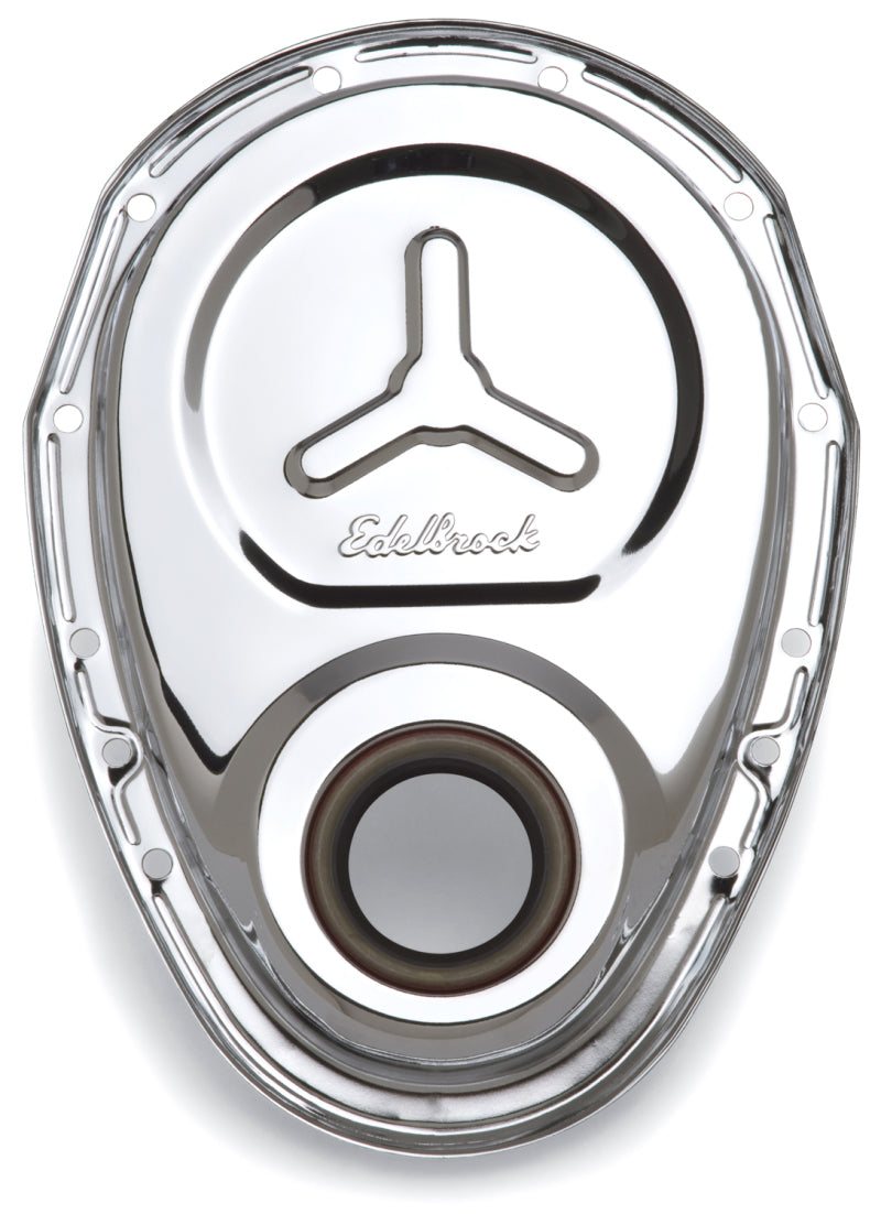 Edelbrock 4860 Timing Cover Small Block-Chevrolet Chrome with Welded Reinforcement Plate