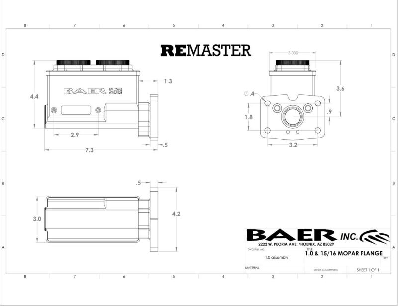 Baer Brakes Mopar 1in Bore Remaster 4-Bolt Right Port Master Cylinder Assembly - Black