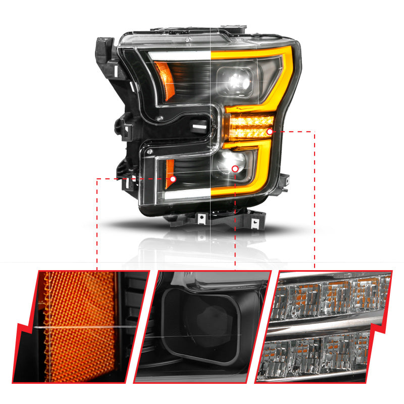 ANZO 15-17 Ford F-150 (Factory Halogen Model ONLY) Full LED Proj Headlights  Init/SeqSig Black- Pair