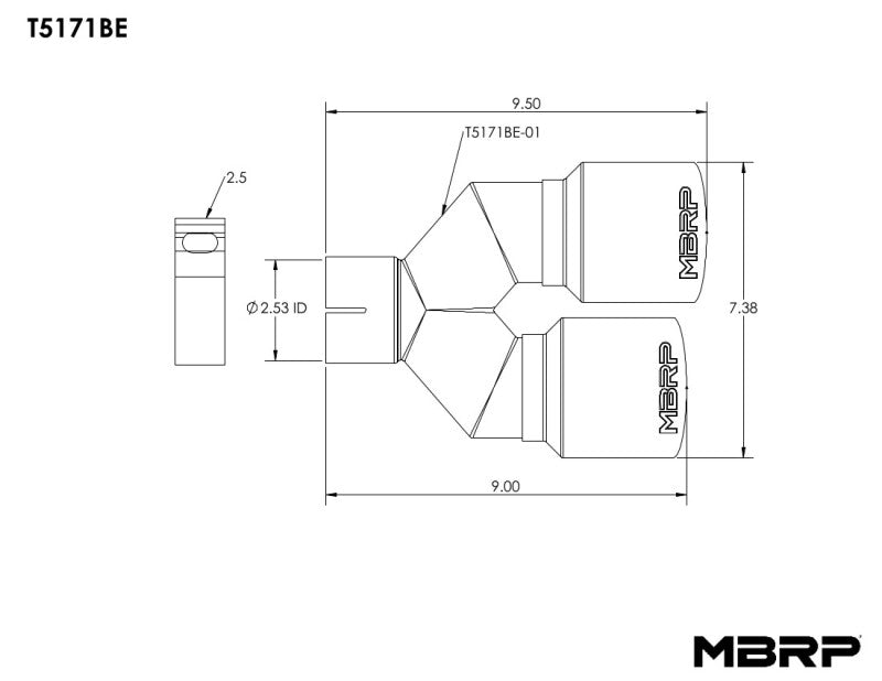 MBRP Burnt End Tip 2.5 ID, Dual 3.5 OD Out, 9.5 length, Single-Wall T304