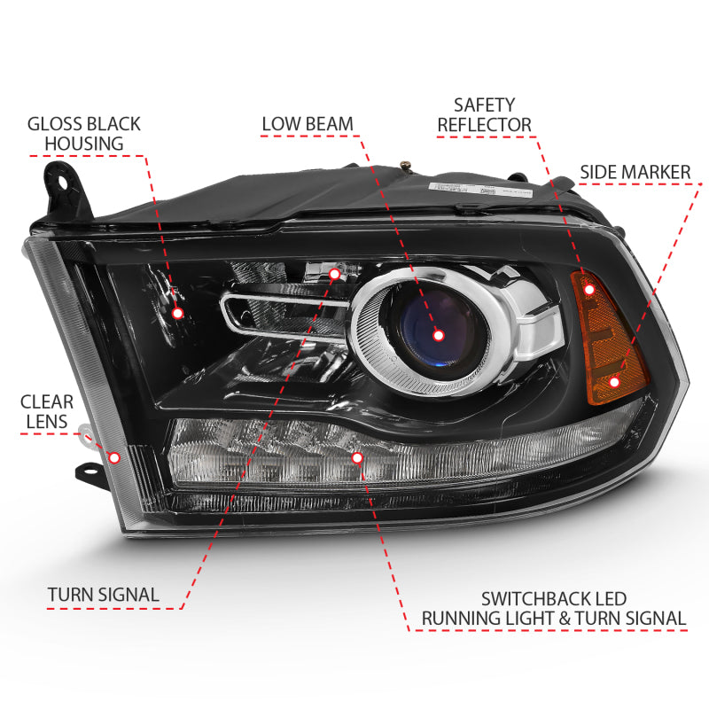 ANZO 2011-2018 RAM 1500 LED Projector Headlights - Plank Style Switchback Gloss Black (OE Style) (For All Models)