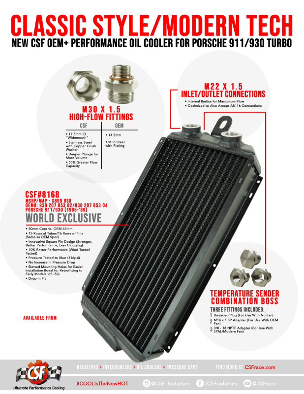 CSF 8168 High-Performance Oil Cooler for 65-89 Porsche 911 / 930 OEM+