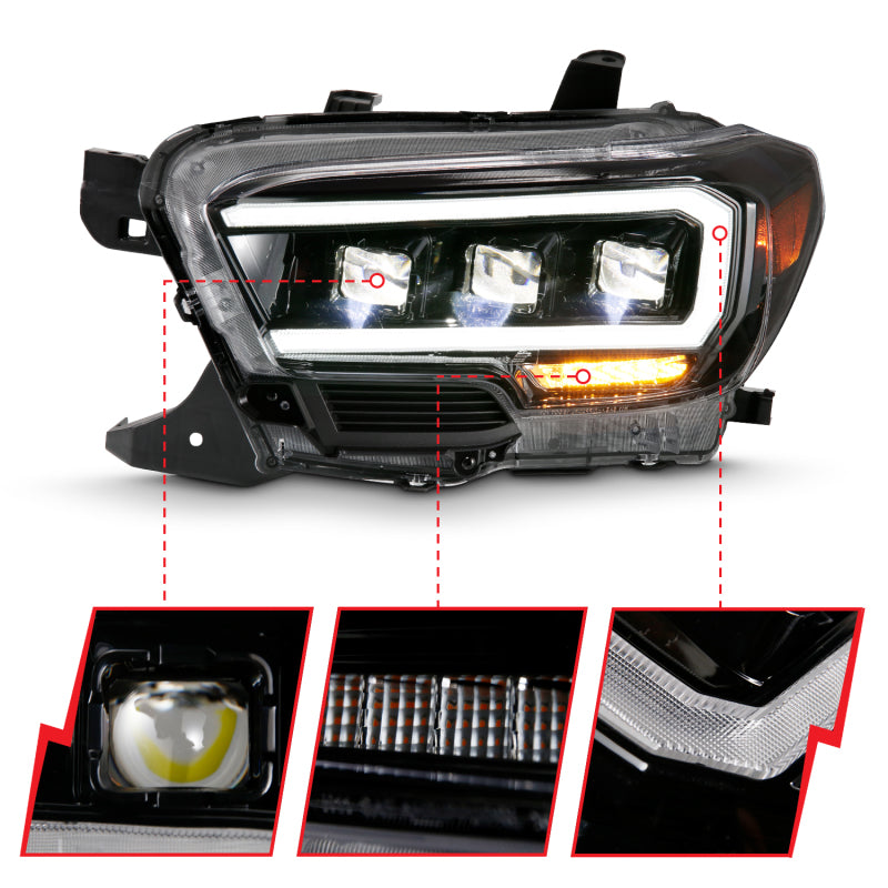 ANZO 2016-2023 Toyota Tacoma LED Projector Headlights Plank Style Black w/ Amber