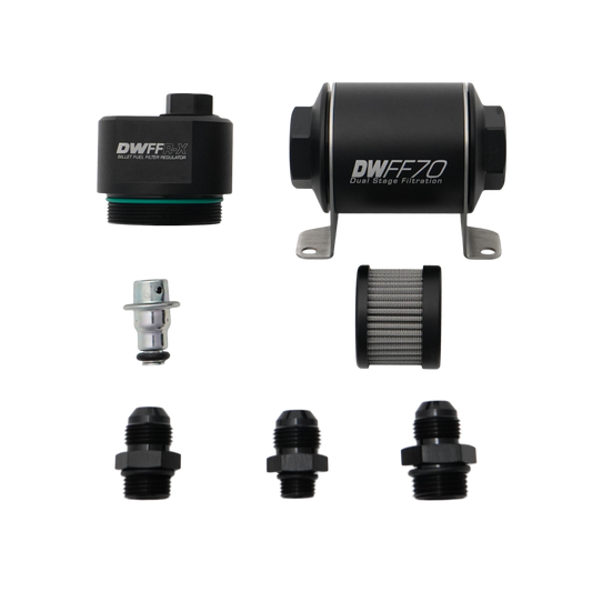 DeatschWerks DWFFR-X 70mm Billet Fuel Filter Regulator - 10 Micron with 8AN Fittings