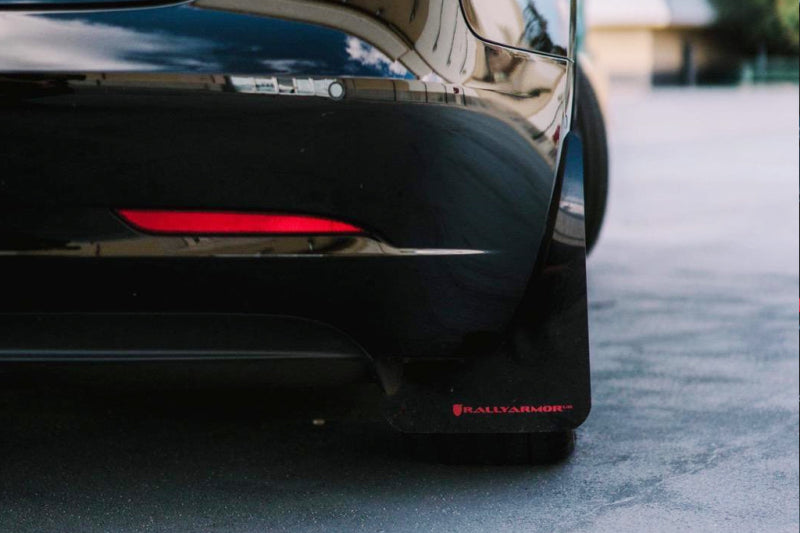 Rally Armor UR Mud Flaps - 2017-2023 Tesla 3 - Black/Red Logo - #MF62-UR-BLK/RD