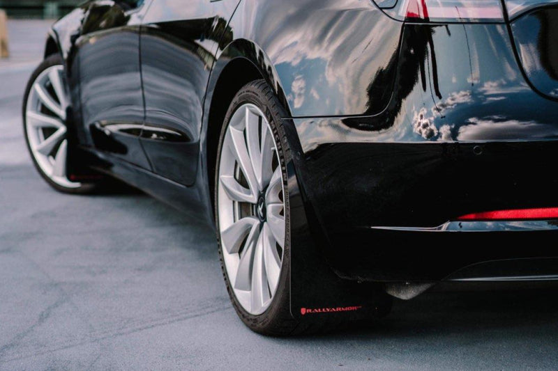 Rally Armor UR Mud Flaps - 2017-2023 Tesla 3 - Black/Red Logo - #MF62-UR-BLK/RD
