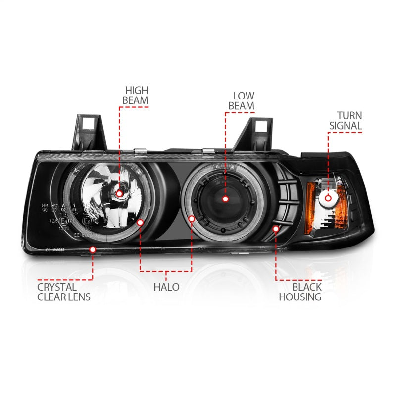 ANZO 1992-1998 BMW 3 Series E36 Projector Headlights w/ Halo Black G2 1 pc