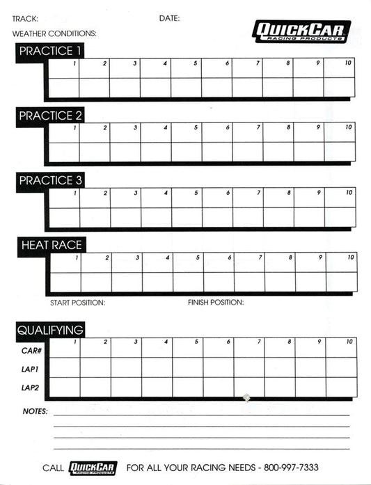 QuickCar Time Organizer Sheets 100 Lap (50pk)
