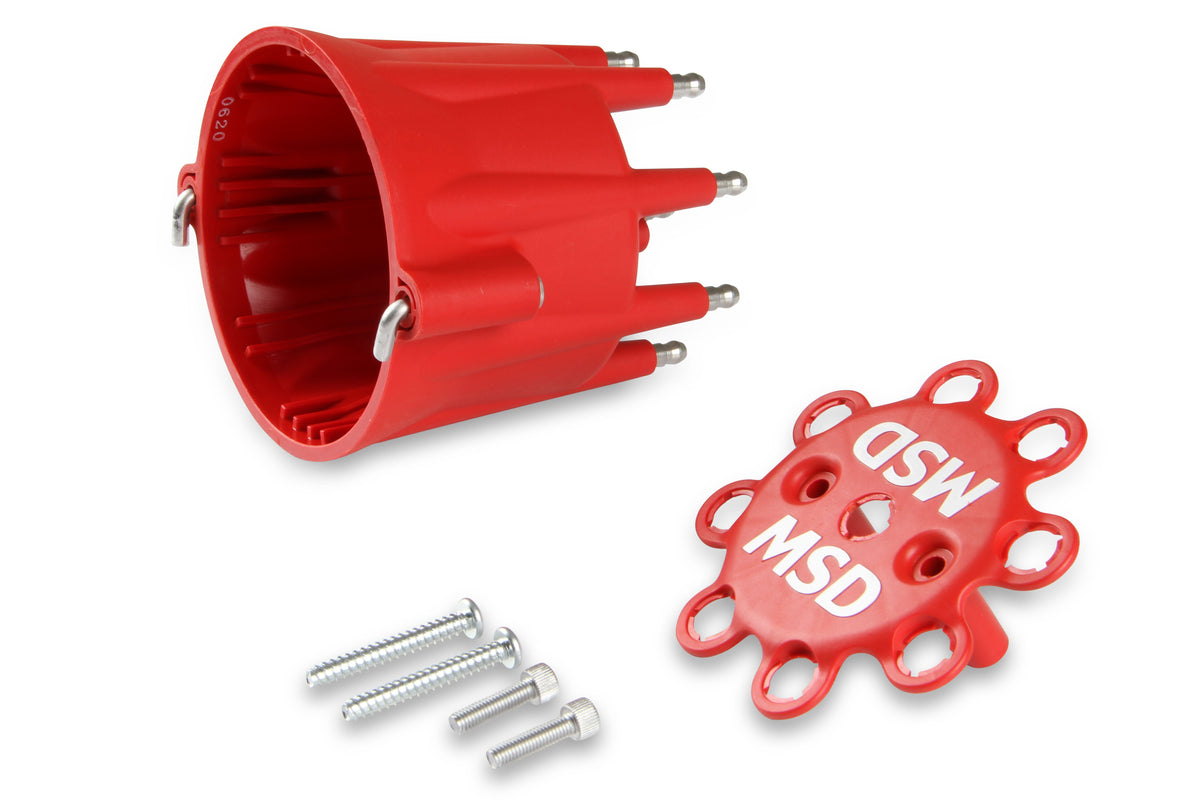 MSD 8433 Distributor Cap - V8 - HEI Terminals - Red - Spark Plug Wire Retainer