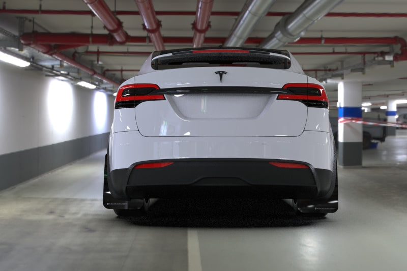 Rally Armor Mud Flaps - 2022-2025 Tesla X - RAL UR Blk Flap/Met. Blk Logo - #MF102-UR-BLK/MBK