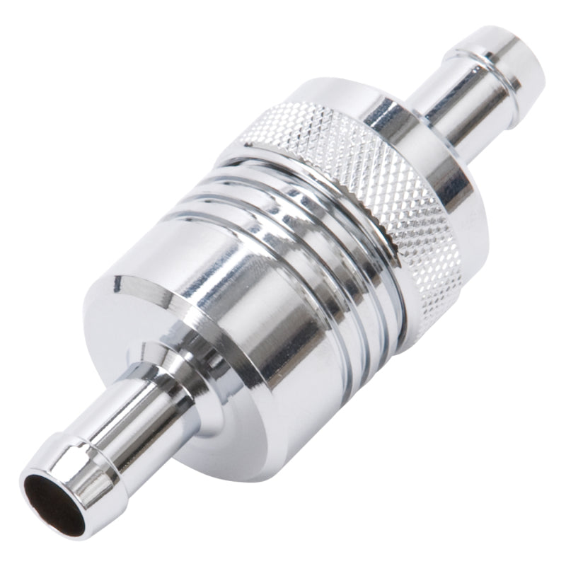 Edelbrock 8136 Fuel Filter Aluminum 3 in x 01/ 1/8 in 3/8 in Inlet/Outlet Chrome